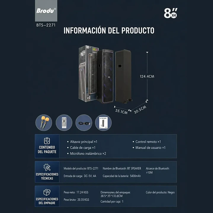 Parlante Bluetooth Brodu 8x4 Rgb 2 Micrófonos Inalámbricos 6