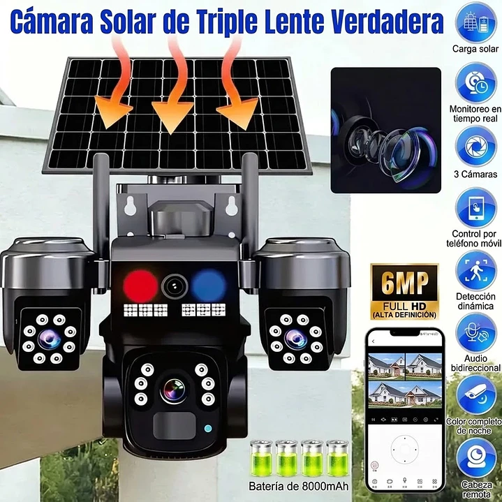 Cámara Solar 4G Triple Lente IA con Sirena 4
