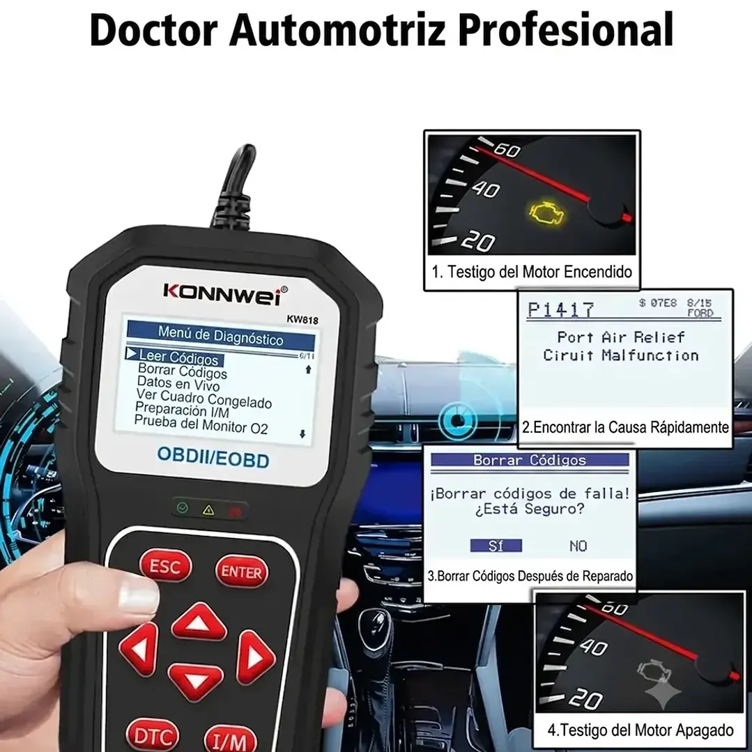 Konnwei KW818 Escáner Automotriz Multimarca OBD2 en Español 4