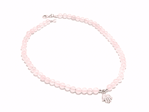Collar de piedras cuarzo rosado y mano de Fátima de plata