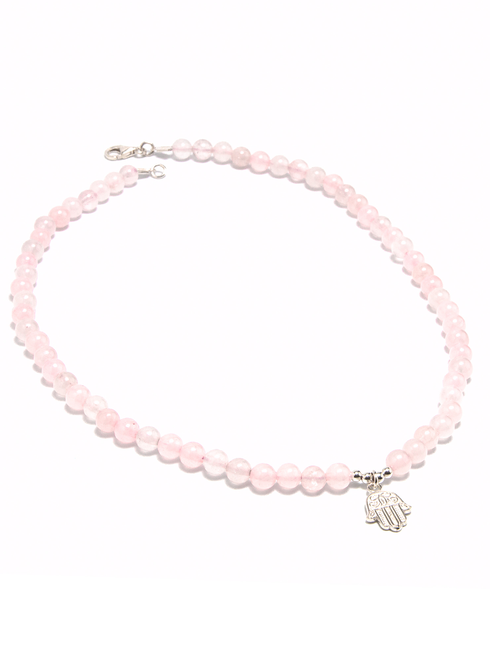 Collar de piedras cuarzo rosado y mano de Fátima de plata 1