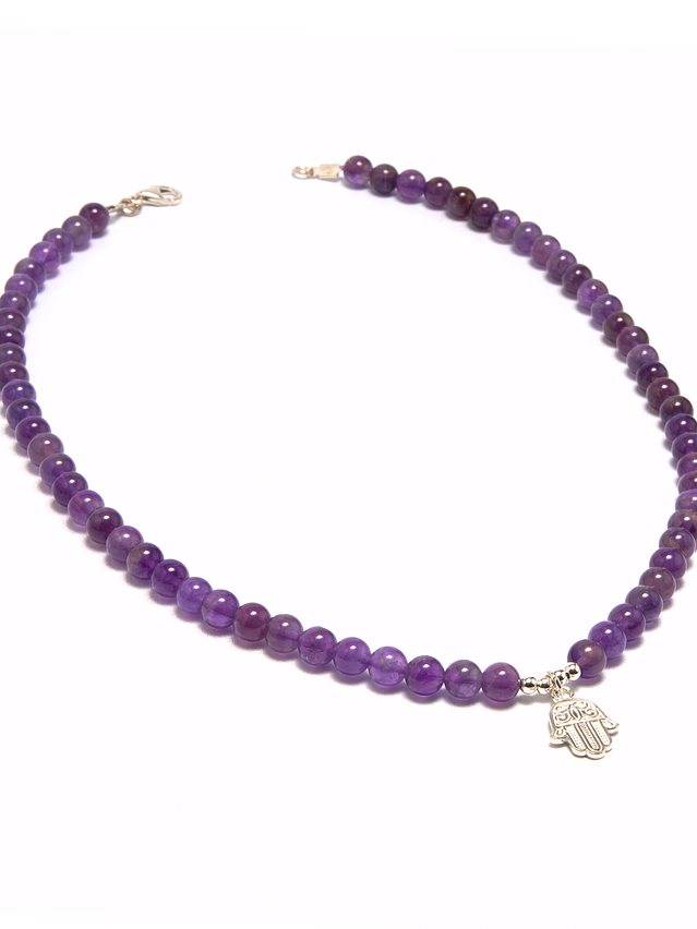 Collar de piedras amatista y mano de Fátima de plata 1