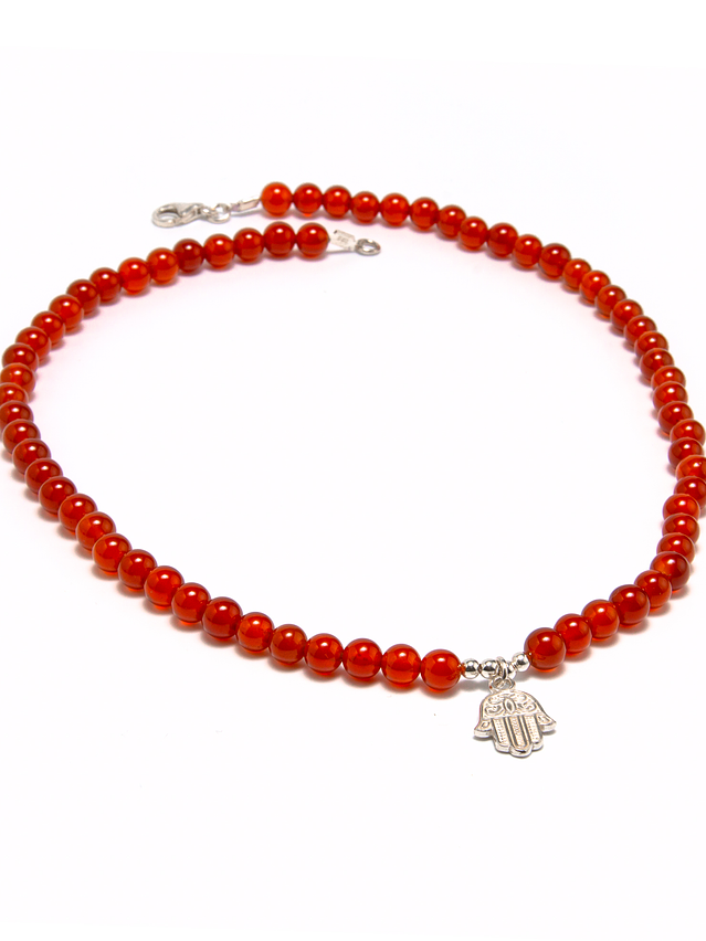 Collar de piedras ágata cornalina y mano de Fátima de plata 1