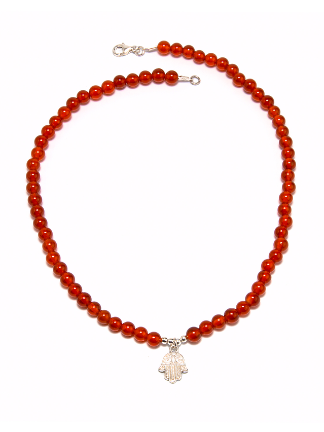 Collar de piedras ágata cornalina y mano de Fátima de plata 2