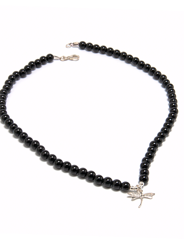 Collar de piedras ónix y libélula de plata 3