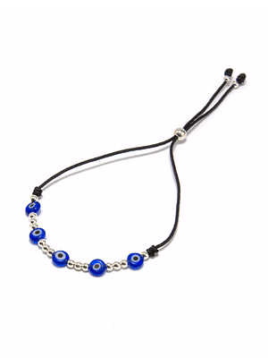 Pulsera de hilo negro regulable ojo turco y detalles de plata