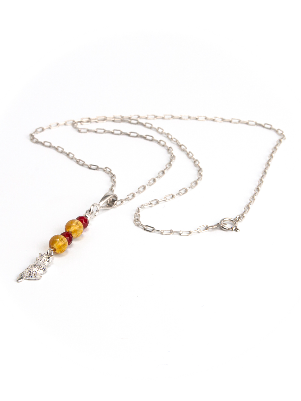 Cadena búho de plata y colgante de piedras citrino y ágatas granate 2