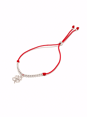 Pulsera hilo rojo regulable y trébol de cuatro hojas de plata