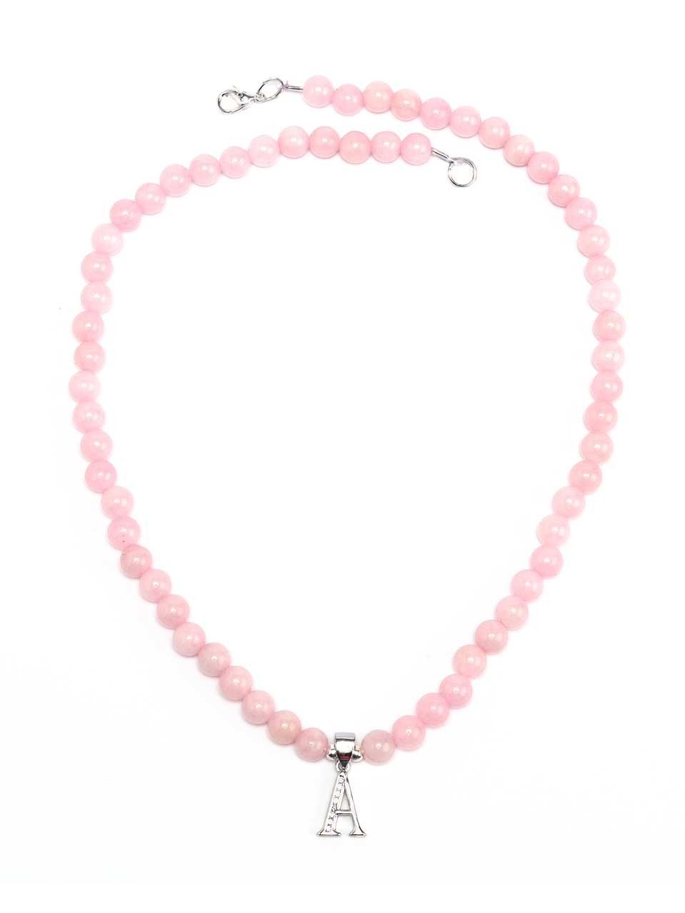 Collar de piedras cuarzo rosa e inicial de plata 2