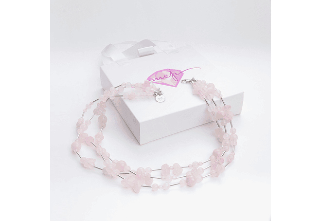 Collar triple cuarzo rosa y plata 950