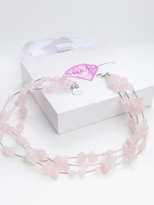 Collar triple de piedras cuarzo rosa y plata 950 2