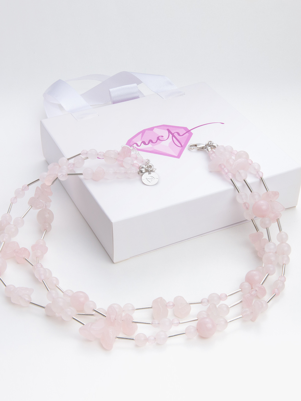 Collar triple de piedras cuarzo rosa y plata 950 2