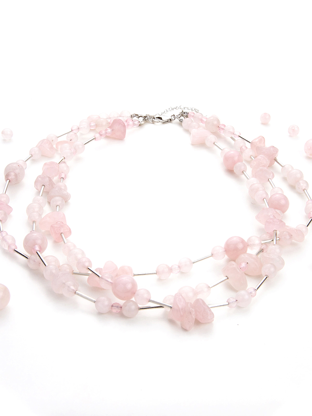 Collar triple de piedras cuarzo rosa y plata 950 1