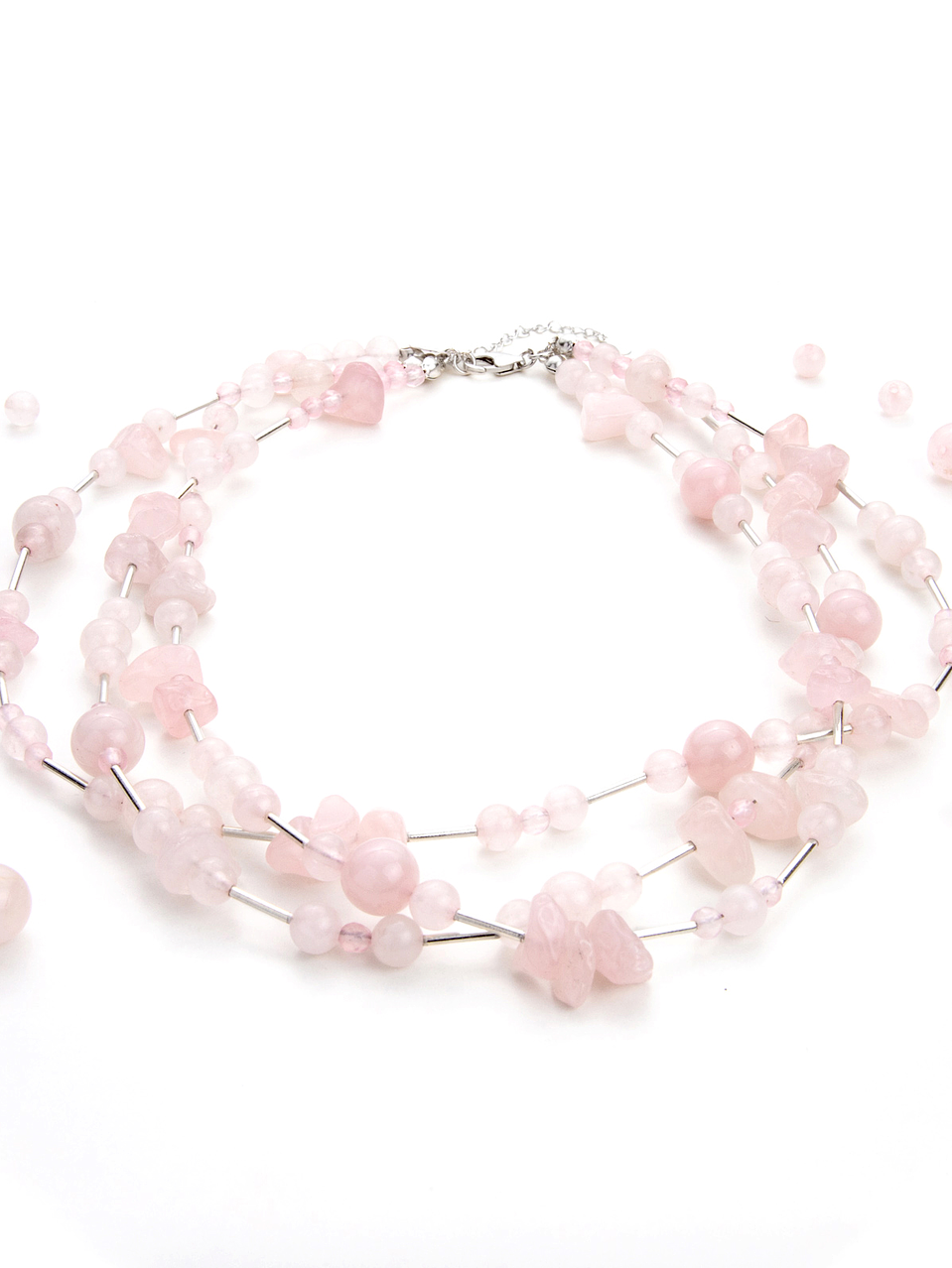 Collar triple de piedras cuarzo rosa y plata 950 1