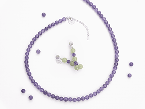 Conjunto de collar y aros de amatista y jade verde