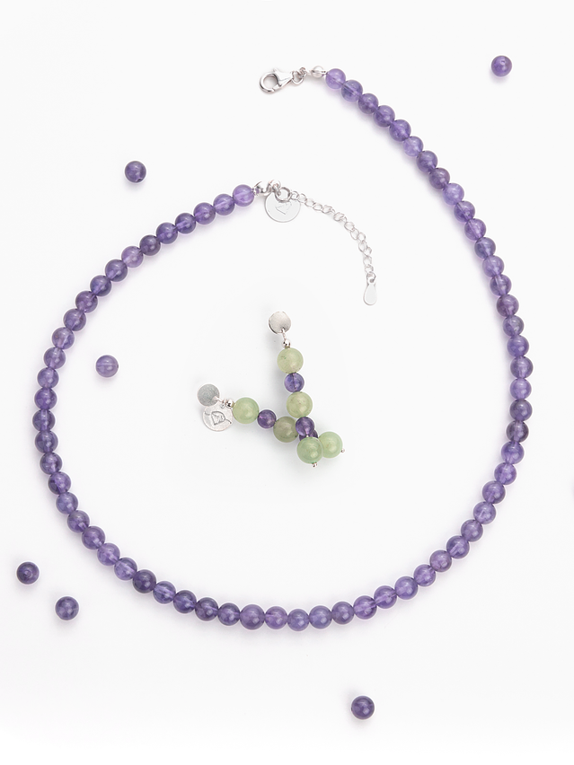 Conjunto de collar y aros de amatista y jade verde 1