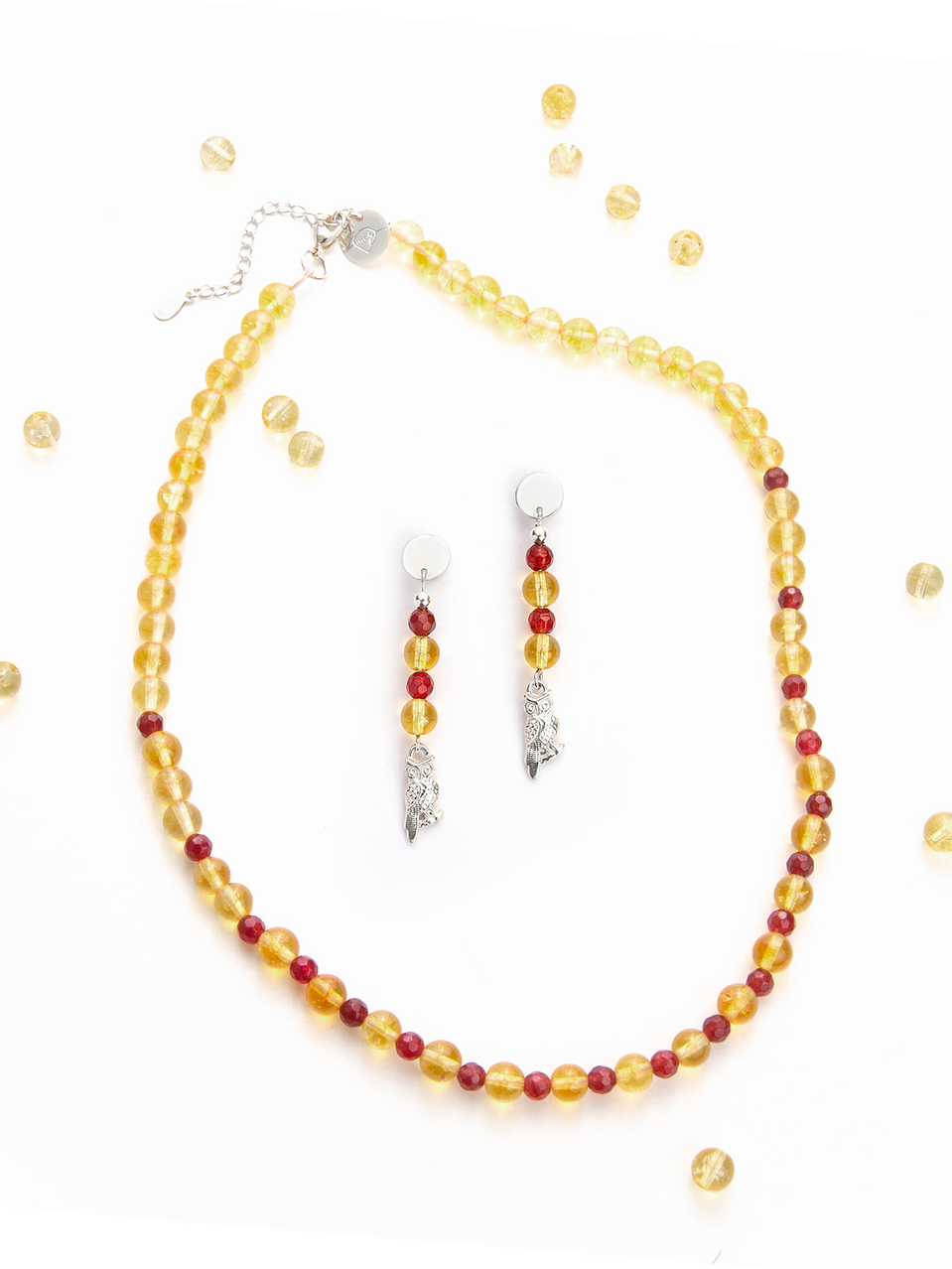 Conjunto búho de piedras citrino y ágatas granate 1