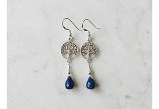 Aros árbol de la vida de plata y gota facetada de lapislazuli