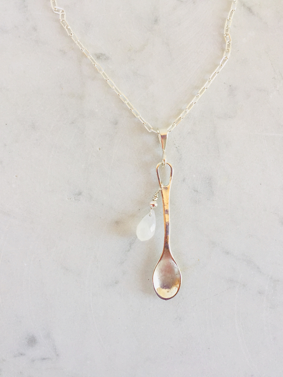 Cadena cuchara de plata y gota piedra luna facetada 1