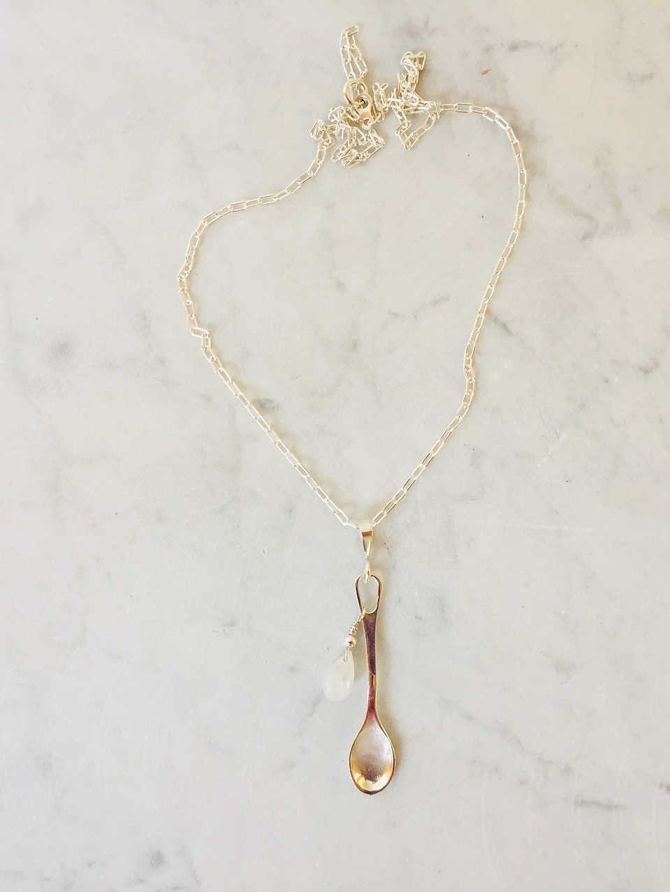 Cadena cuchara de plata y gota piedra luna facetada 2