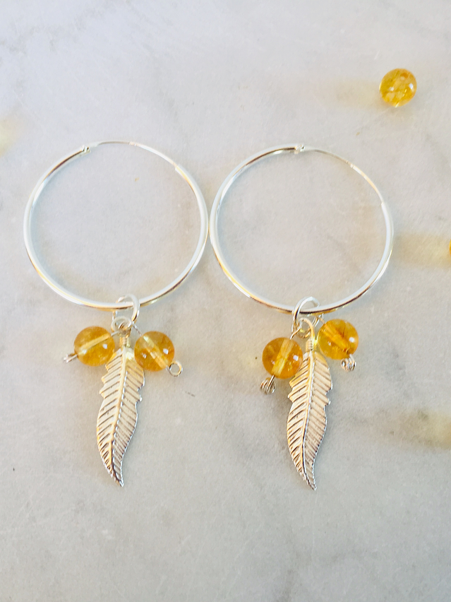 Argollas plumas de plata con piedras citrino 1