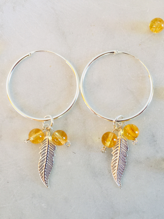 Argollas plumas de plata con piedras citrino 2
