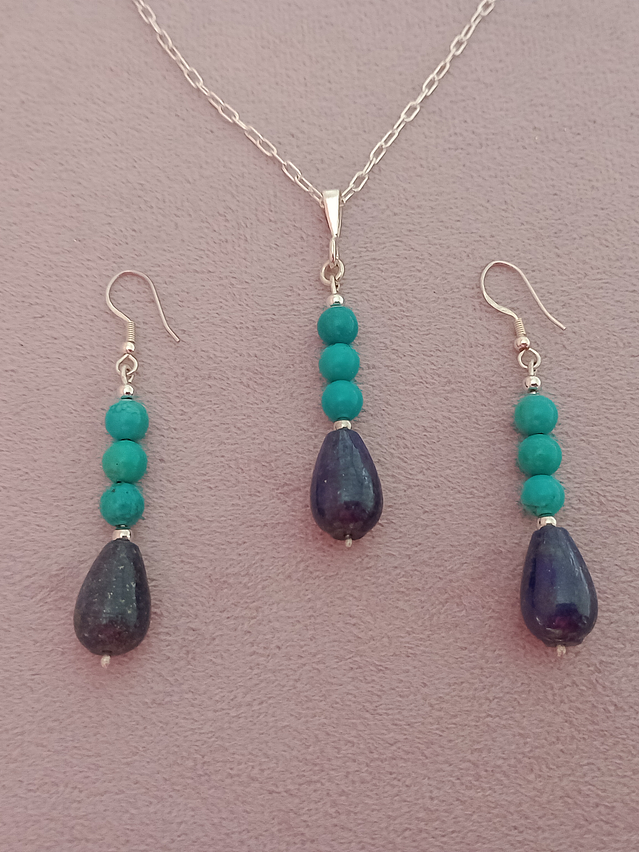 Conjunto de cadena de plata y colgante de piedras turquesa y lapislázuli 2