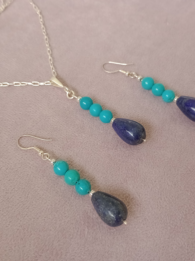 Conjunto de cadena de plata y colgante de piedras turquesa y lapislázuli 5