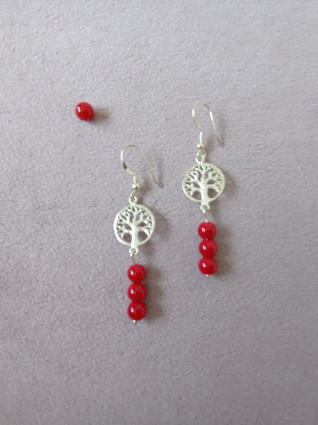 Aros árbol de la vida de plata y piedras jade rojo 3