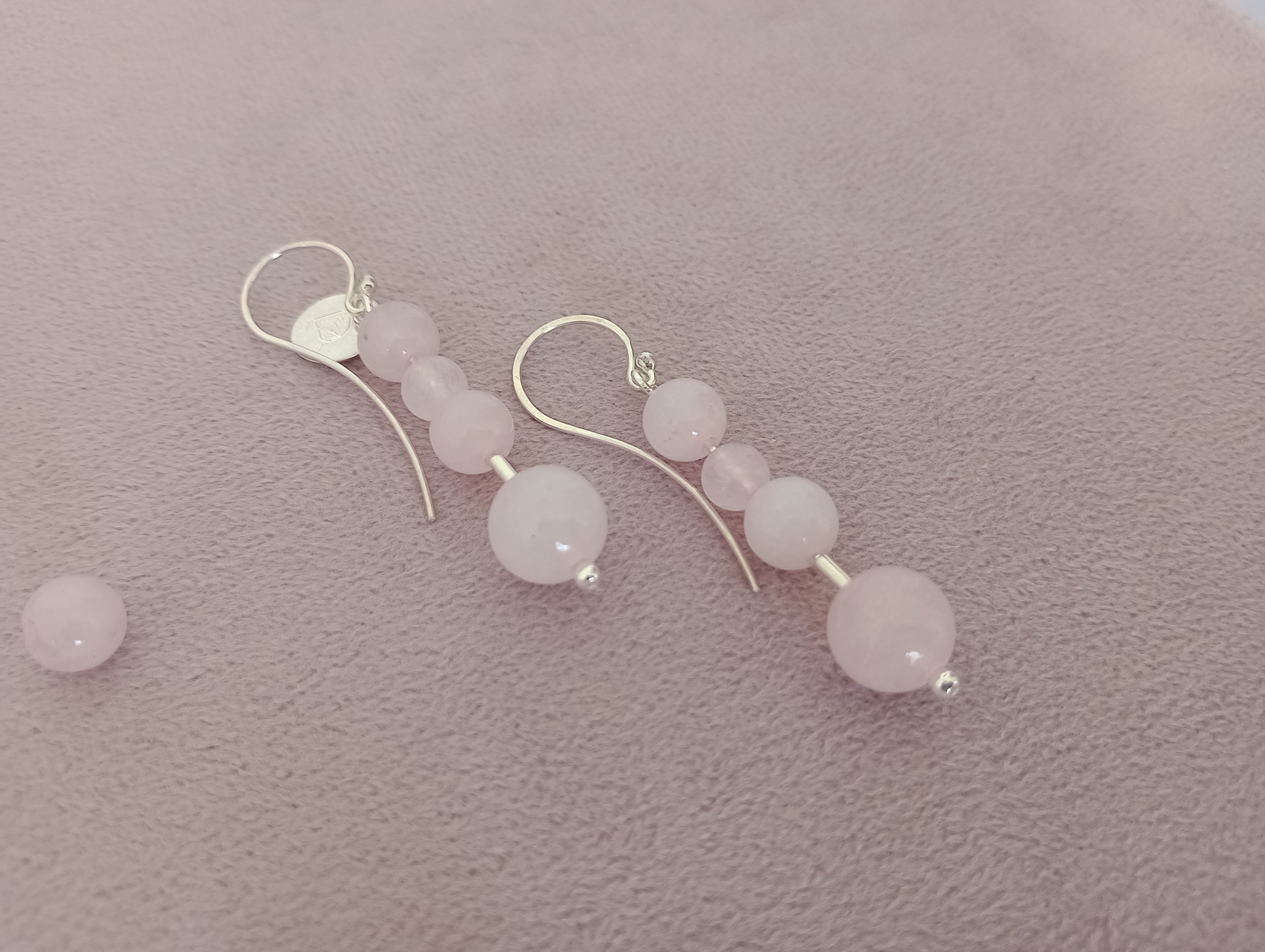 Aros Botón Piedra Natural Cuarzo Rosa Plata Fina 925