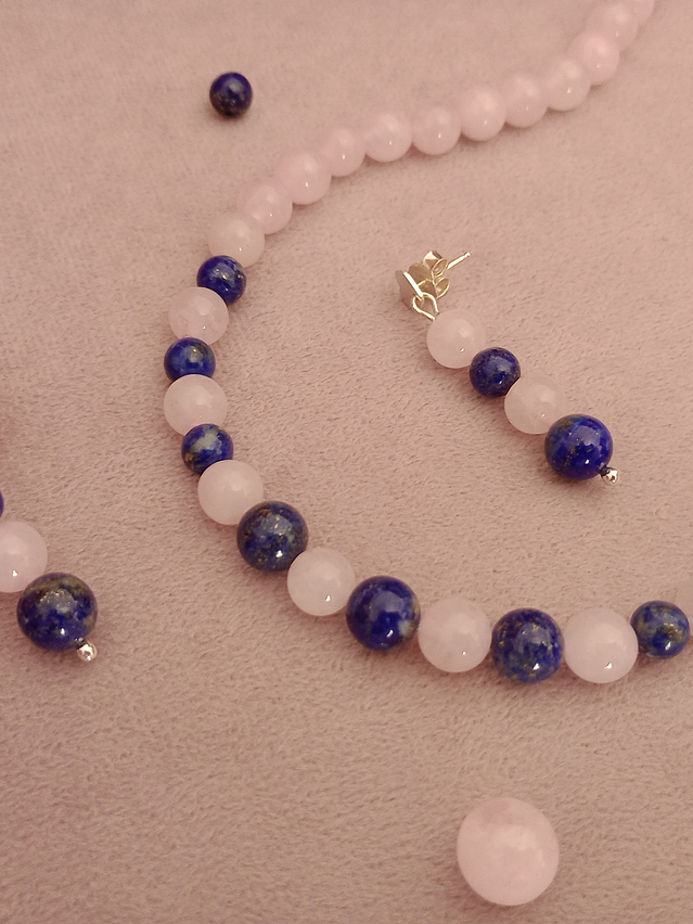 Conjunto de collar y aros de piedras cuarzo rosa y lapislázuli 3