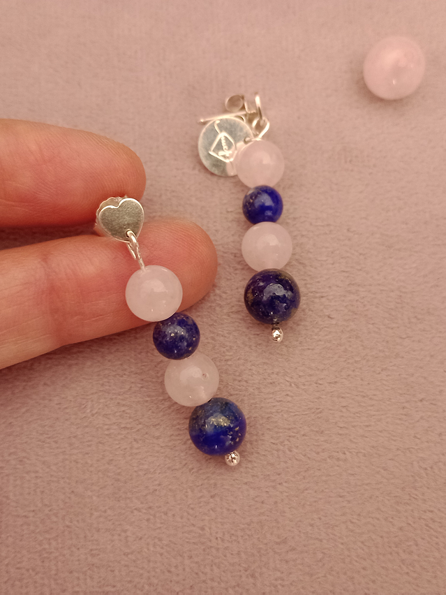 Conjunto de collar y aros de piedras cuarzo rosa y lapislázuli 7