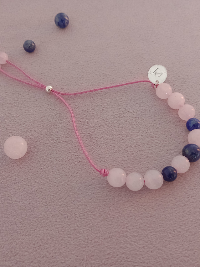 Pulsera de hilo regulable de piedras de cuarzo rosa y lapislázuli 1