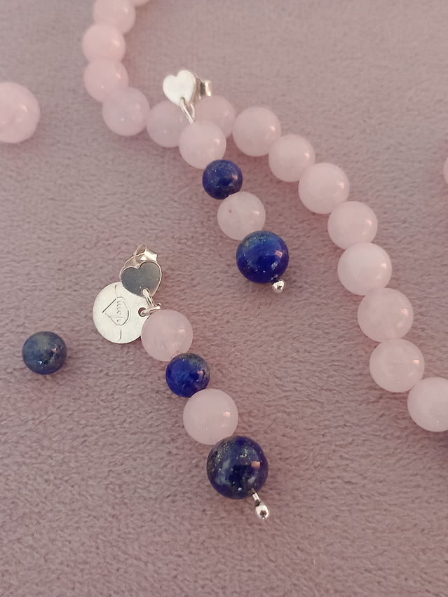 Conjunto de collar, aros y pulsera de cuarzo rosa y lapislázuli 4