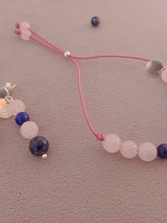 Conjunto de pulsera regulable y aros de piedras de cuarzo rosa y lapislázuli 1