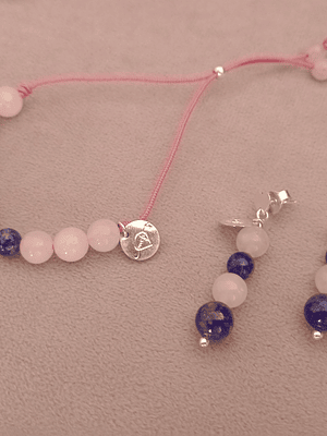 Conjunto de pulsera regulable y aros de piedras de cuarzo rosa y lapislázuli