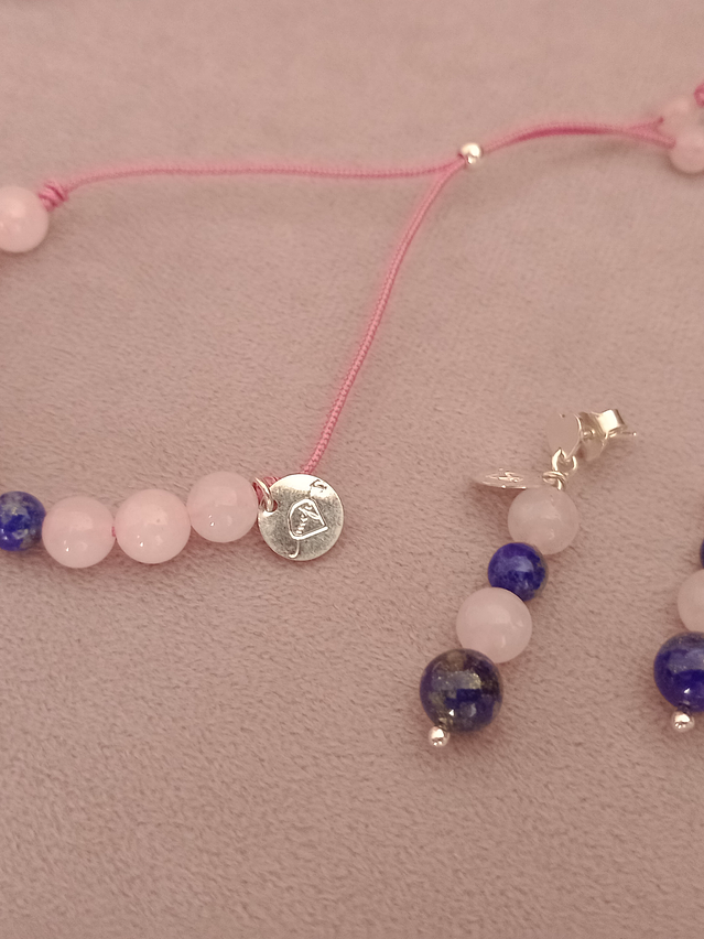 Conjunto de pulsera regulable y aros de piedras de cuarzo rosa y lapislázuli 2