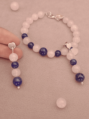 Conjunto de pulsera y aros de piedras cuarzo rosa y lapislázuli