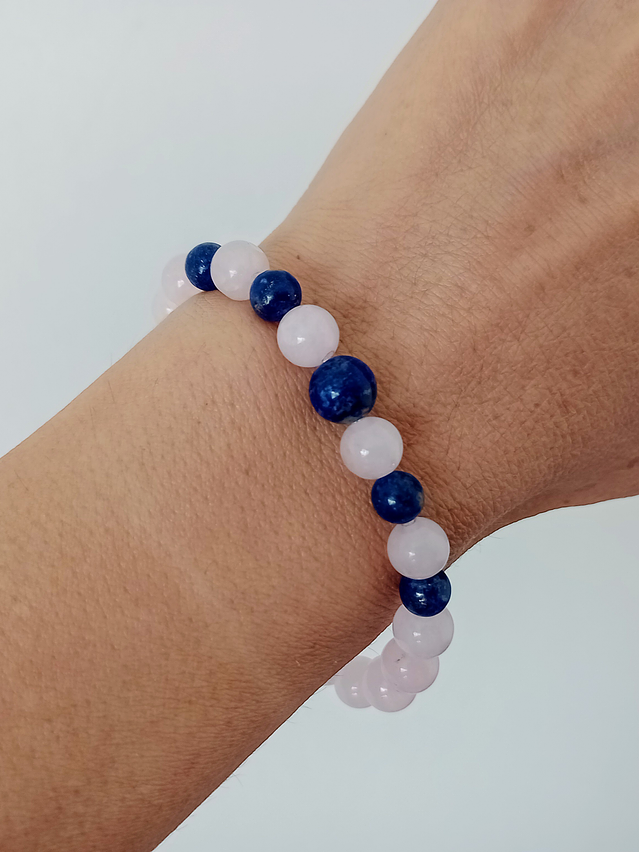 Conjunto de collar y pulsera de piedras cuarzo rosa y lapislázuli 4