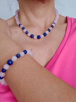 Conjunto de collar y pulsera de piedras cuarzo rosa y lapislázuli