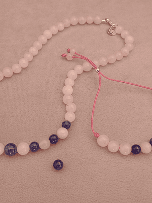 Conjunto de pulsera regulable y collar de cuarzo rosa y lapislazuli