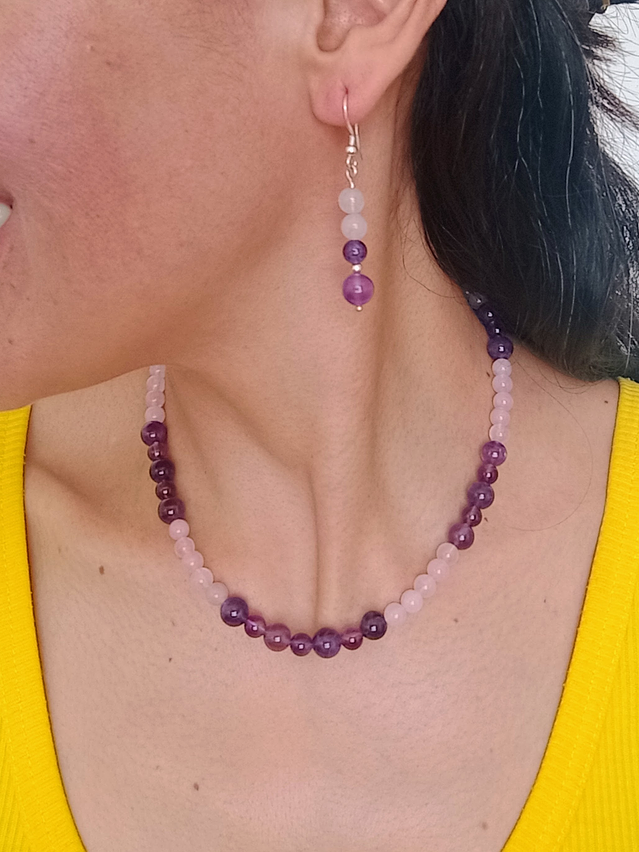 Conjunto de collar y aros de piedras cuarzo rosa y amatista 1