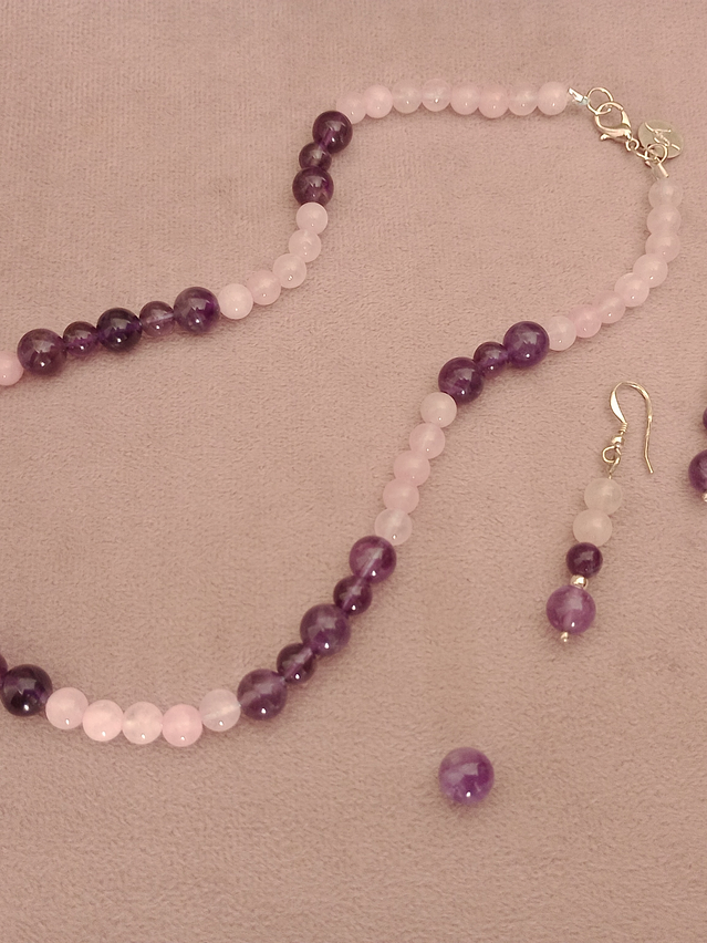 Conjunto de collar y aros de piedras cuarzo rosa y amatista 5