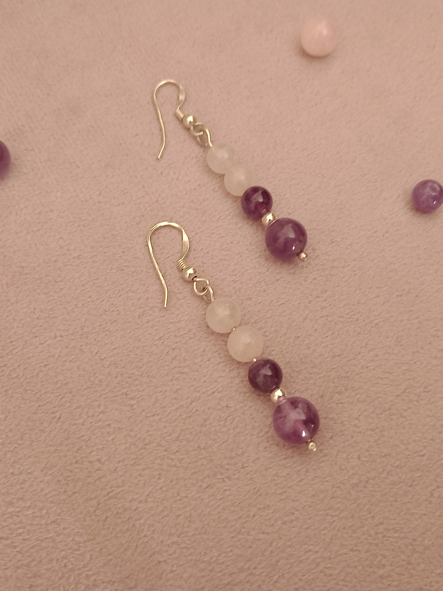 Conjunto de collar y aros de piedras cuarzo rosa y amatista 8