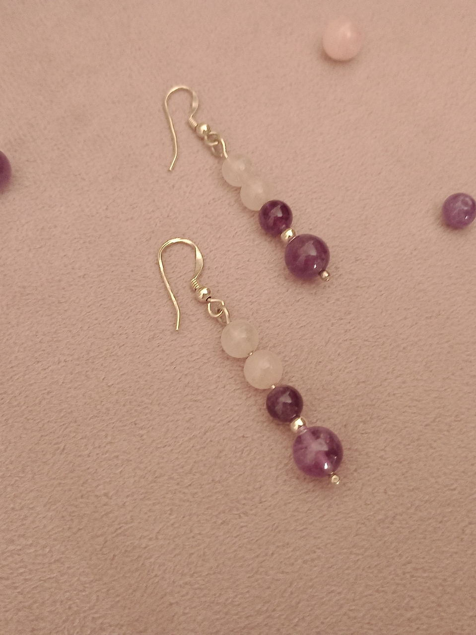 Conjunto de collar y aros de piedras cuarzo rosa y amatista 8