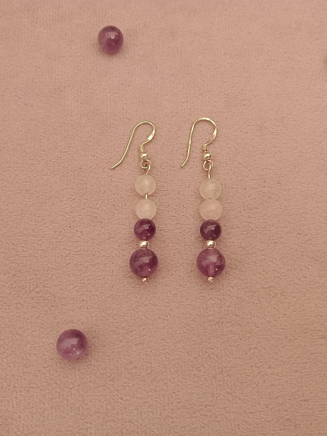 Conjunto de collar y aros de piedras cuarzo rosa y amatista 9
