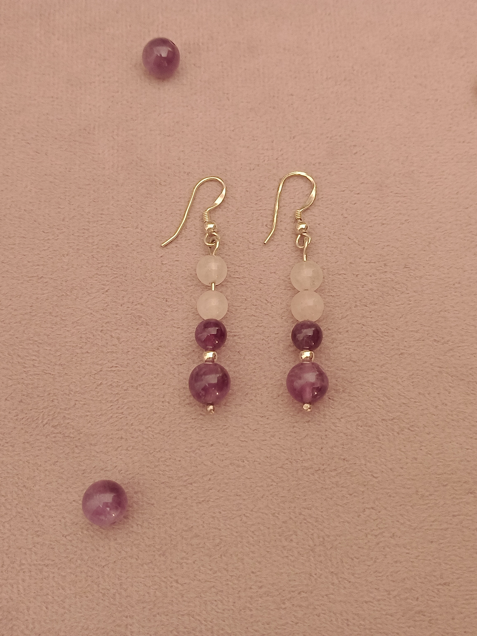 Conjunto de collar y aros de piedras cuarzo rosa y amatista 9