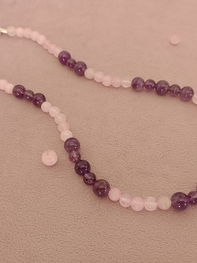Conjunto de collar y aros de piedras cuarzo rosa y amatista 4