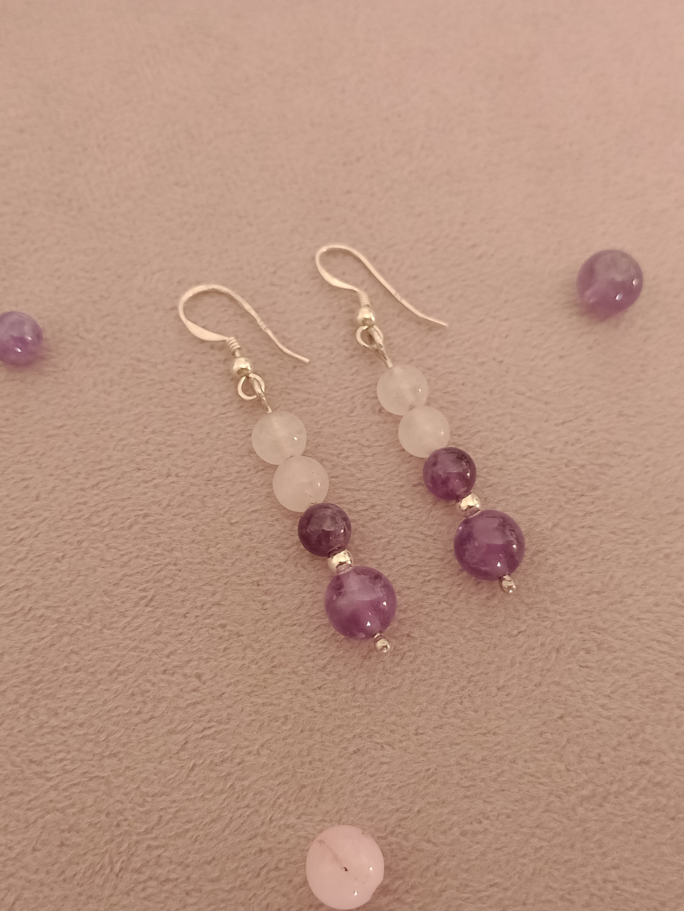 Conjunto de collar y aros de piedras cuarzo rosa y amatista 12