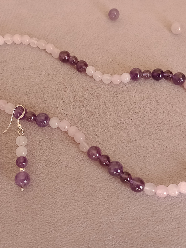 Conjunto de collar y aros de piedras cuarzo rosa y amatista 13